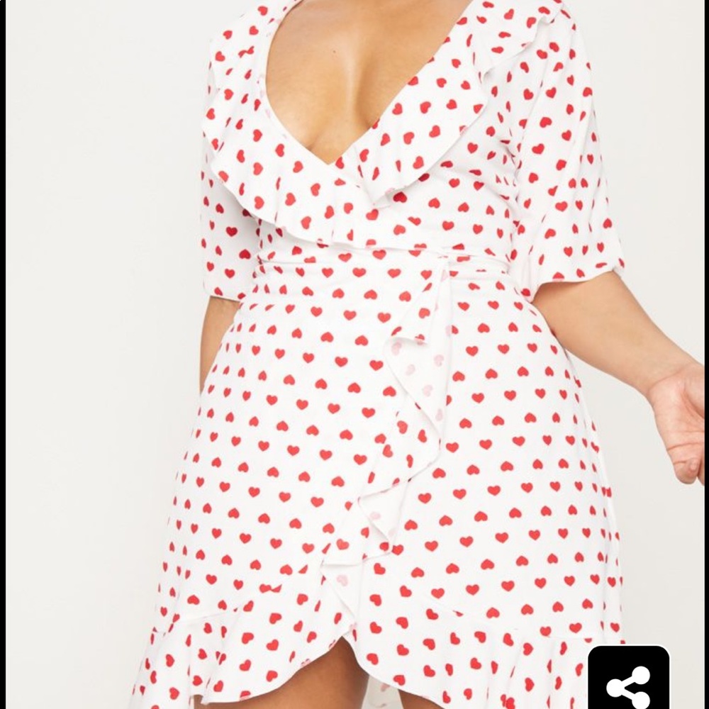 White Heart Print Frill Detail Wrap Dress